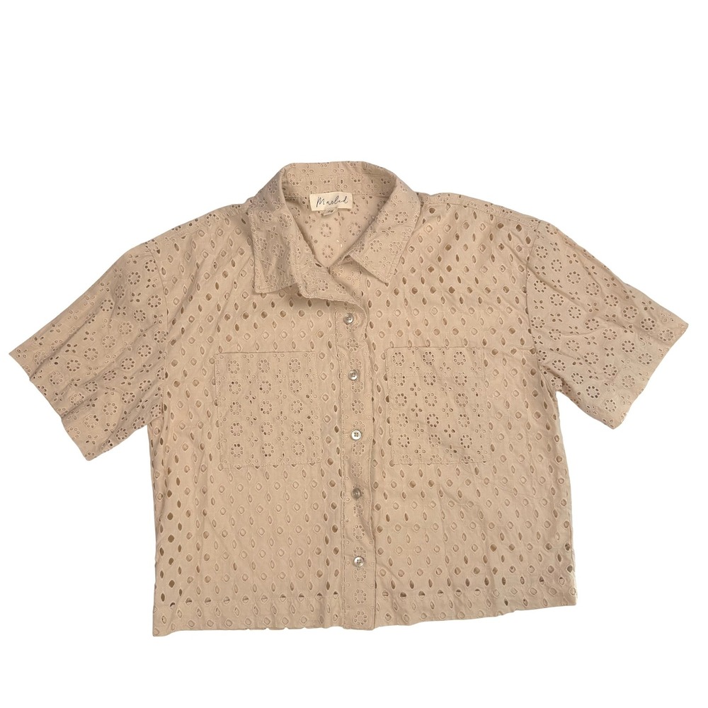 Marled Cottagecore Boho Women Eyelet Button Down Shirt Tan Cotton Medium